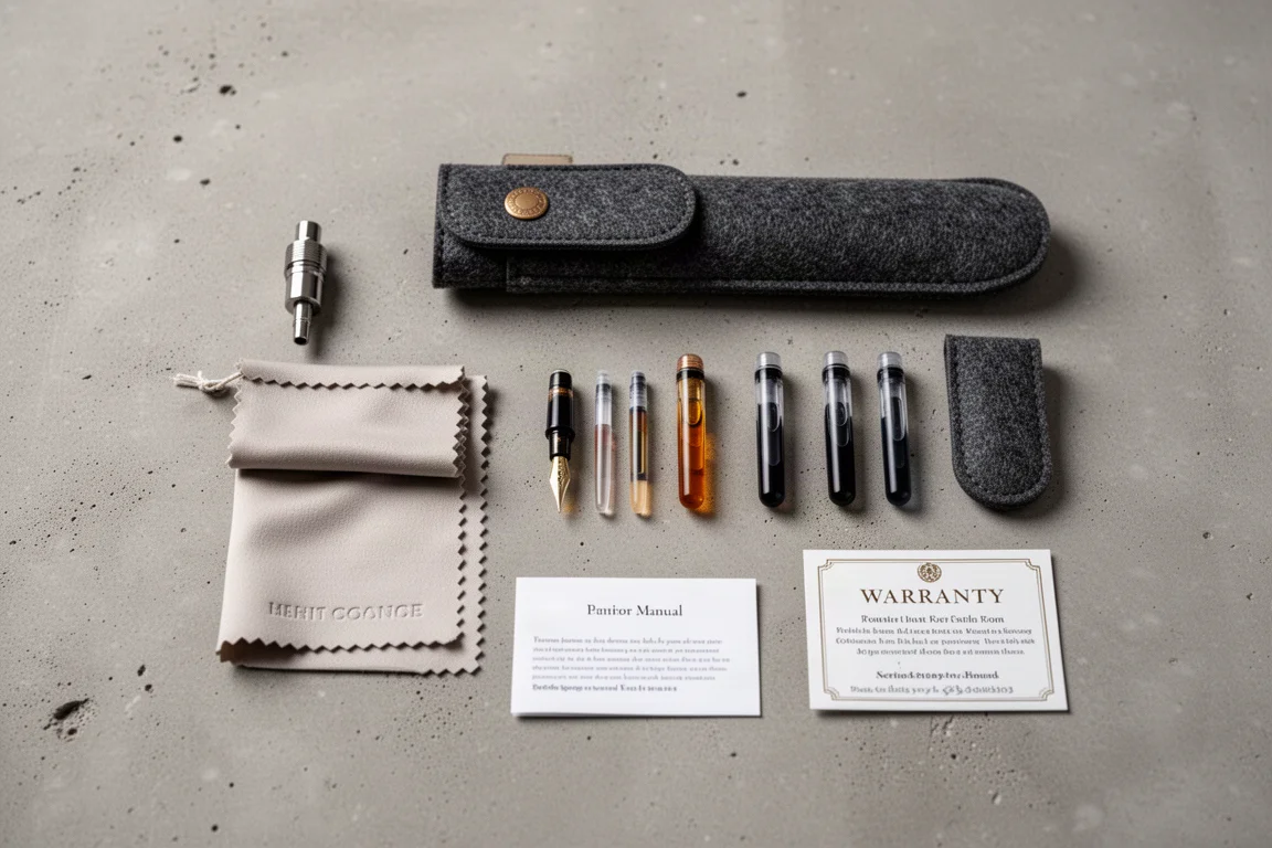 Open pen box with converter, polishing cloth, cartridges, and sleeve