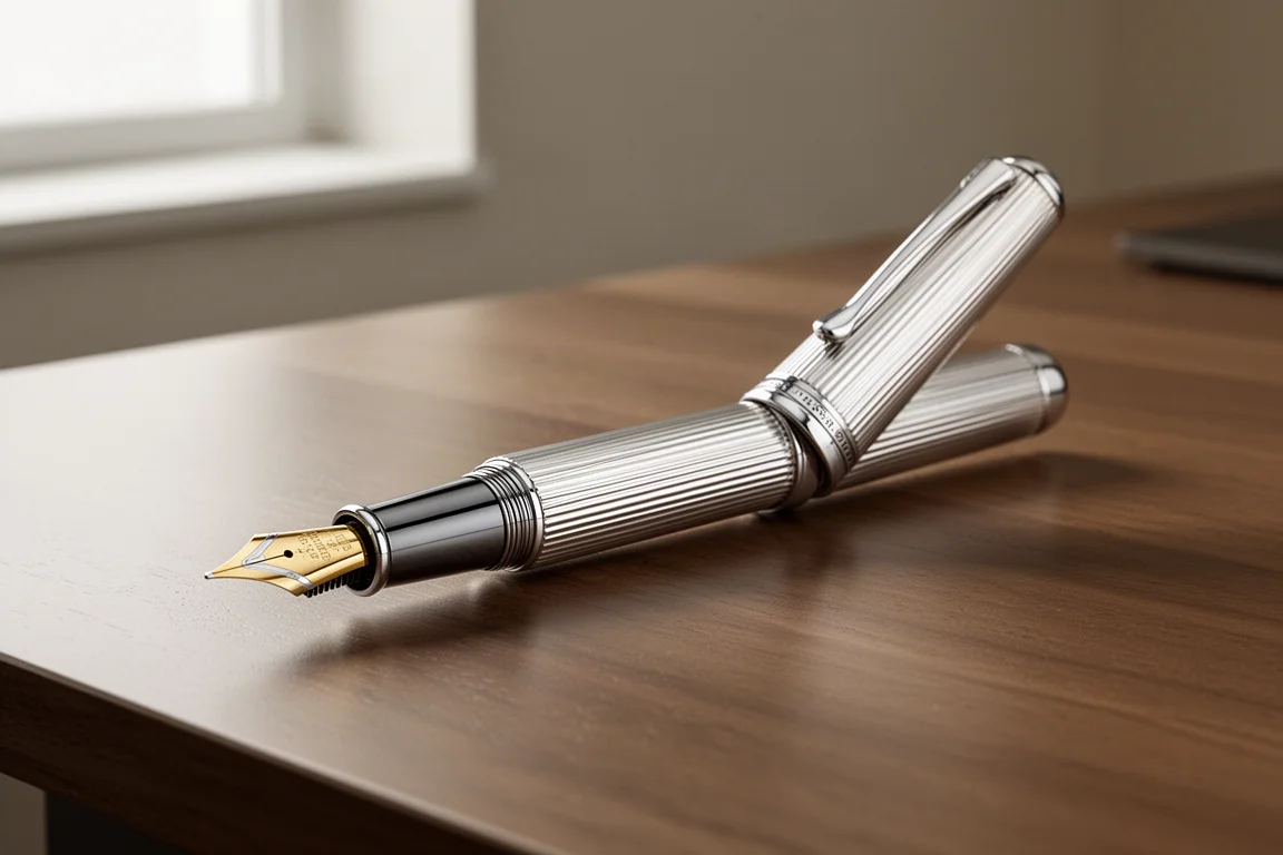 Fluted sterling silver fountain pen with two-tone gold nib on a wooden desk