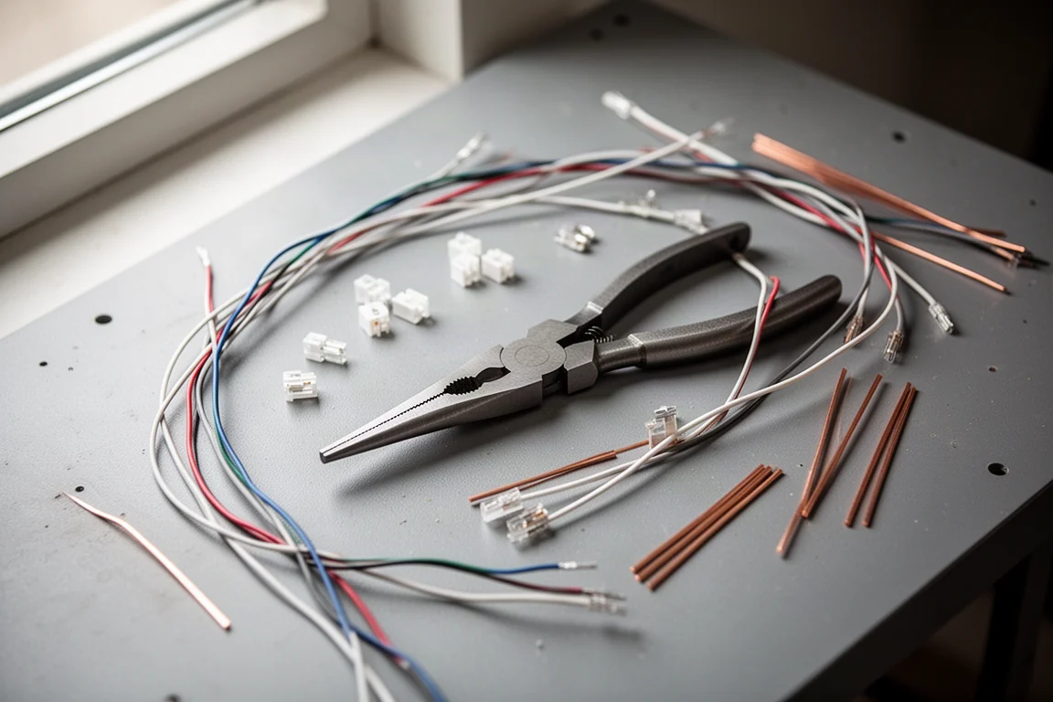 Multi-function pliers on a workshop bench with scattered electrical wires