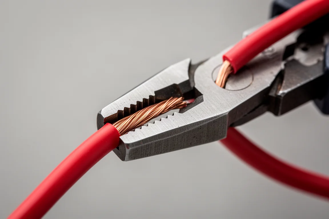 Close-up of wire strippers gripping and stripping a red electrical wire