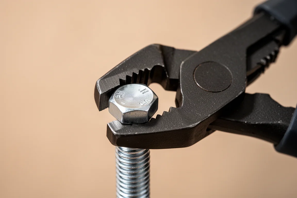 Plier jaws gripping a bolt from above in a workshop setting
