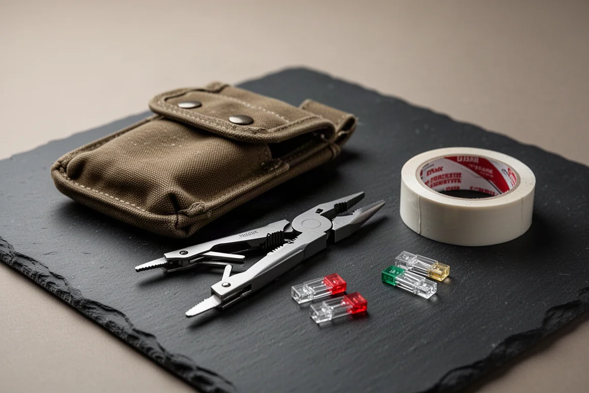 Open multi-tool plier next to an emergency kit pouch on a dark surface
