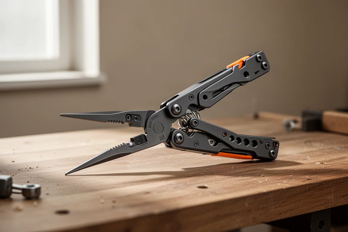 Oudisi multi-tool pliers with multiple notches and a folding blade on a wooden workbench