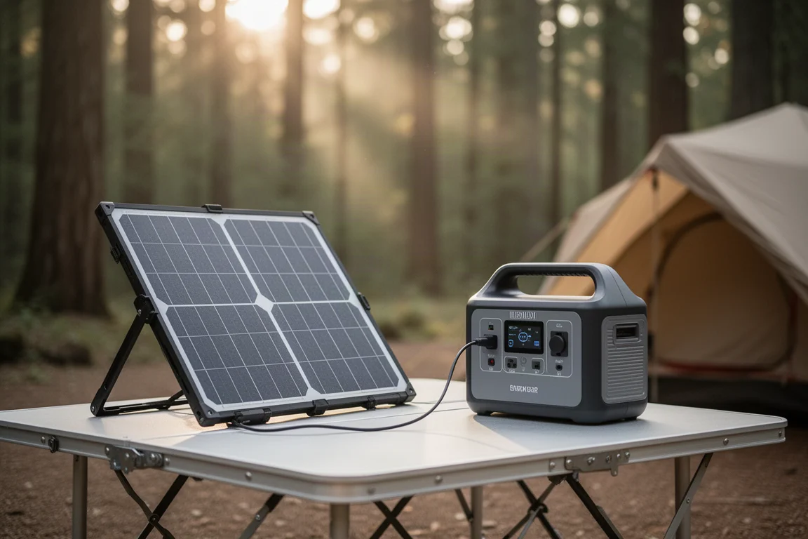 Tragbare Powerstation auf einem Campingtisch mit Solarmodul daneben