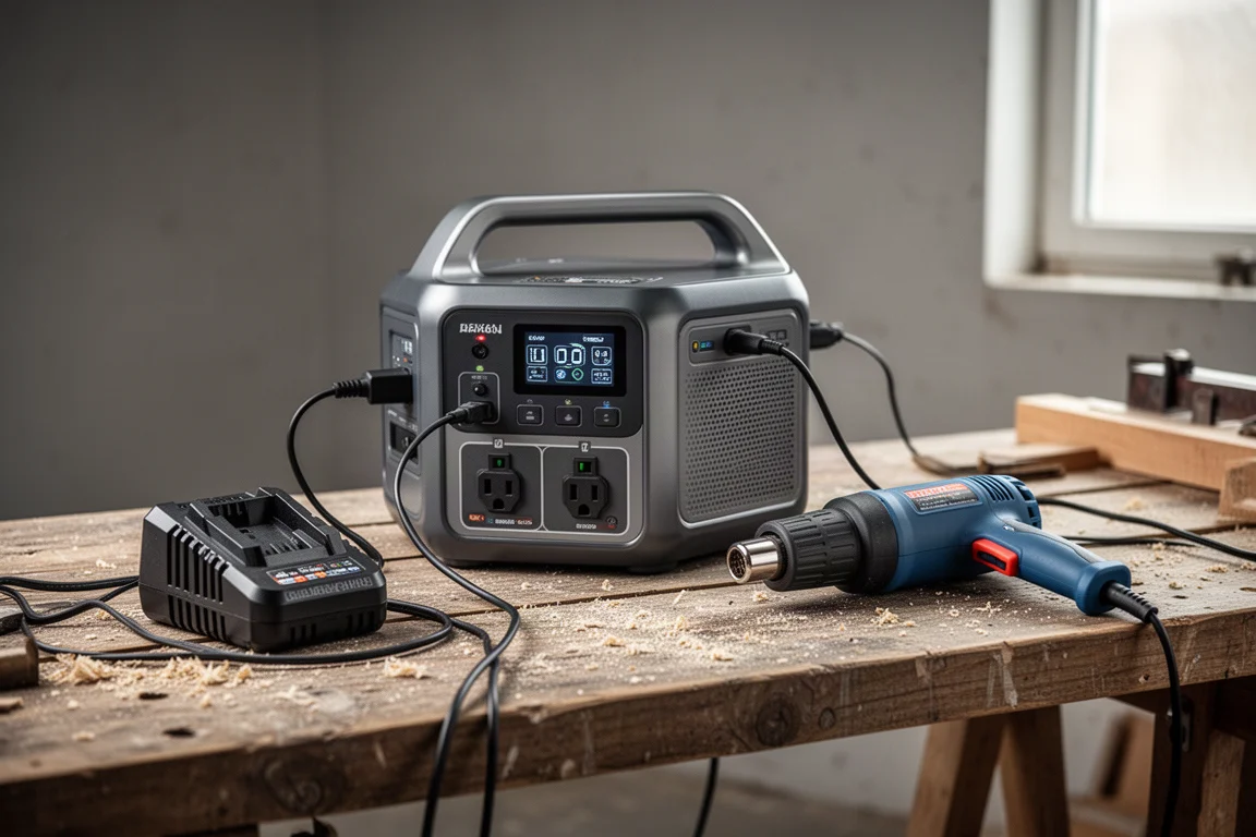 Elektrisch gereedschap aangesloten op een draagbare powerstation in een werkplaats
