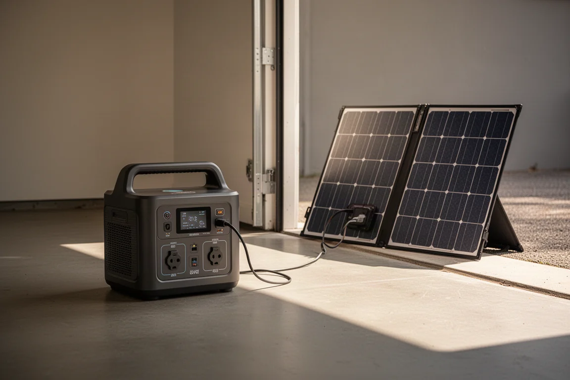 Draagbare powerstation wordt buiten opgeladen via een zonnepaneel