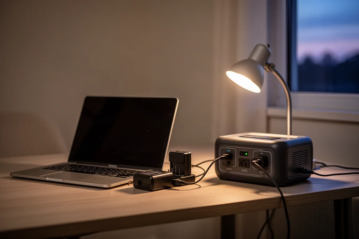 Gevoelige elektronica zoals een laptop en cameraplader aangesloten op een powerstation