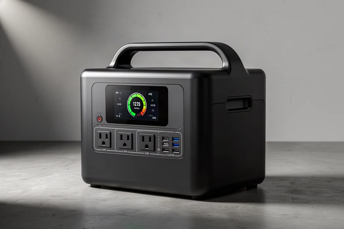 Oukitel P201 portable power station on a concrete workshop floor
