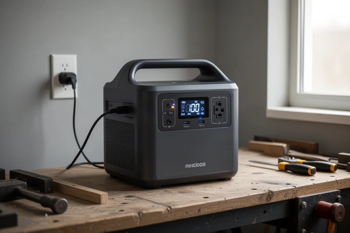 Portable power station plugged into a wall outlet charging rapidly