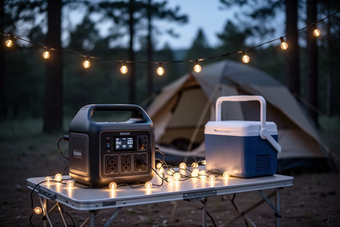 Camping scene at dusk with a power station powering lights and a cooler