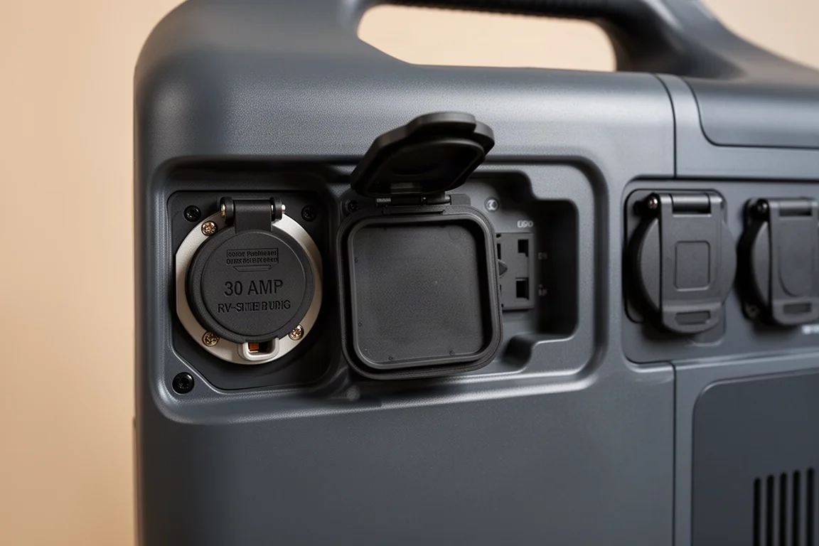 Power station with an RV-style 30 amp outlet in close-up detail
