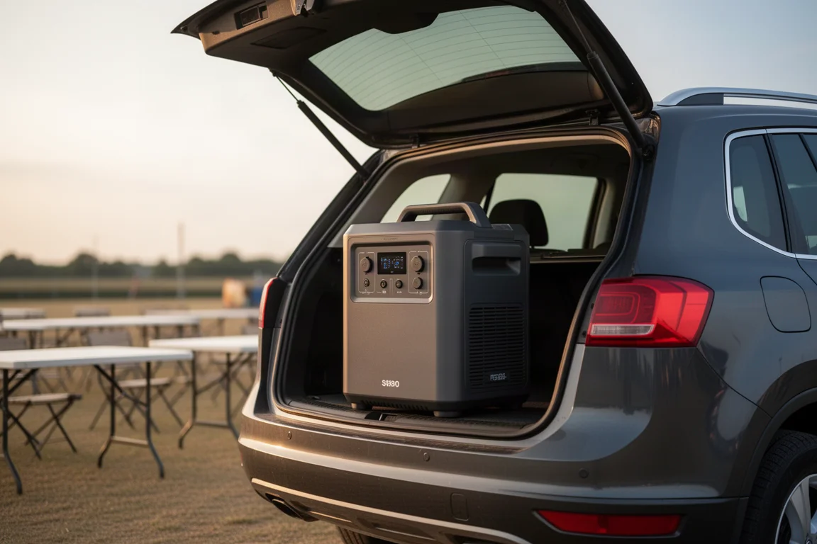 Power station loaded into the back of an SUV for an outdoor event