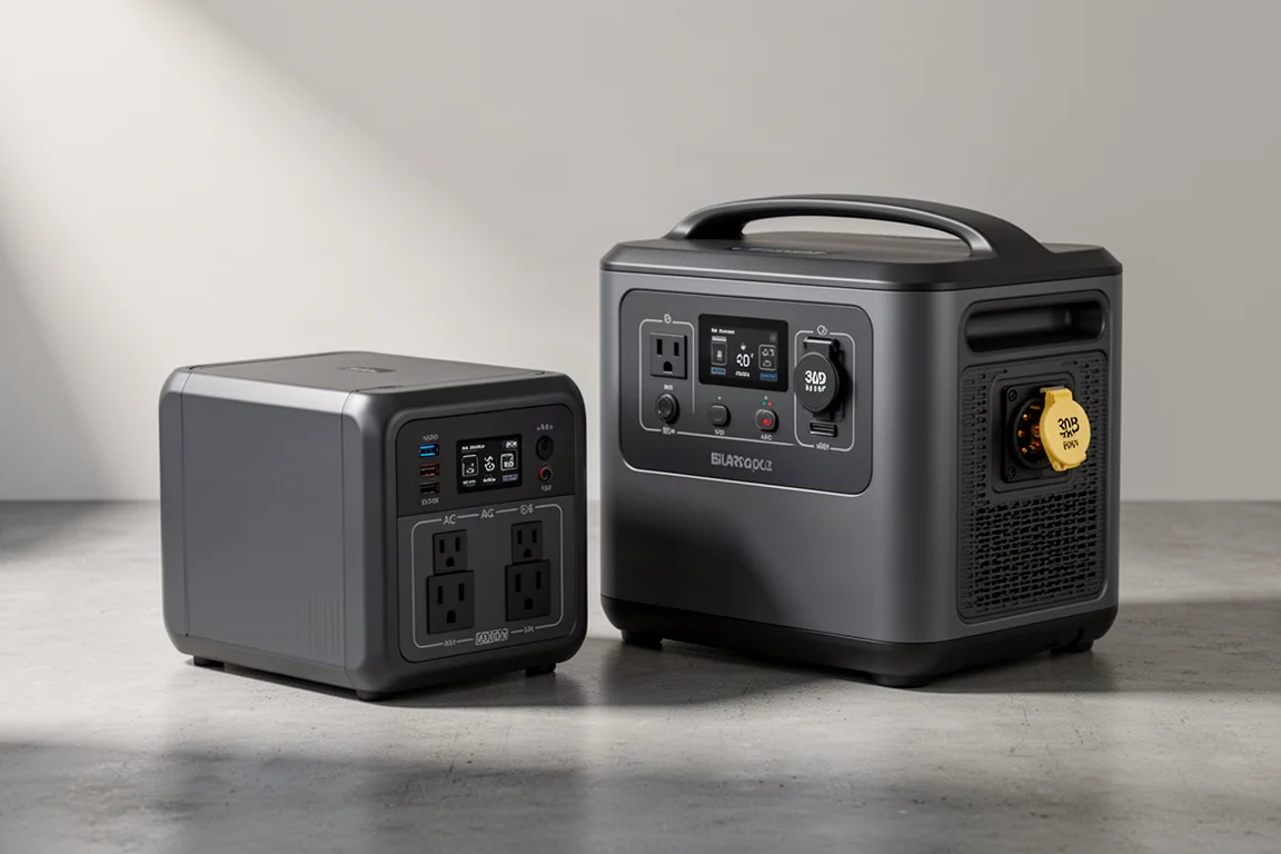 Two OUPES portable power stations side by side on a concrete surface