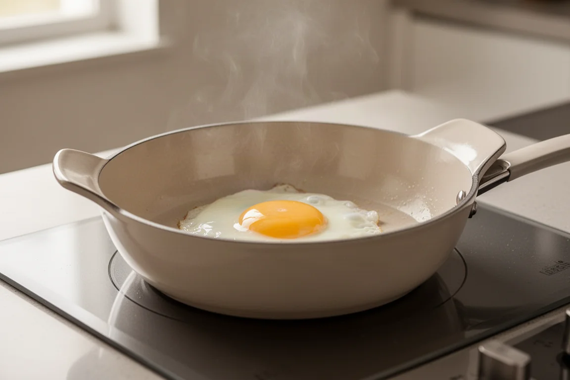 Un huevo frito cocinándose en una sartén antiadherente con paredes altas