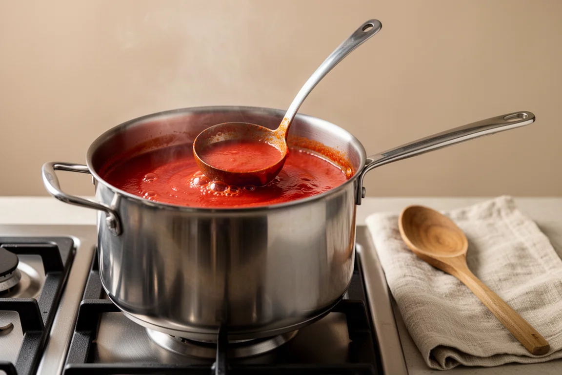 Salsa de tomate hirviendo a fuego lento en un cazo alto de acero inoxidable