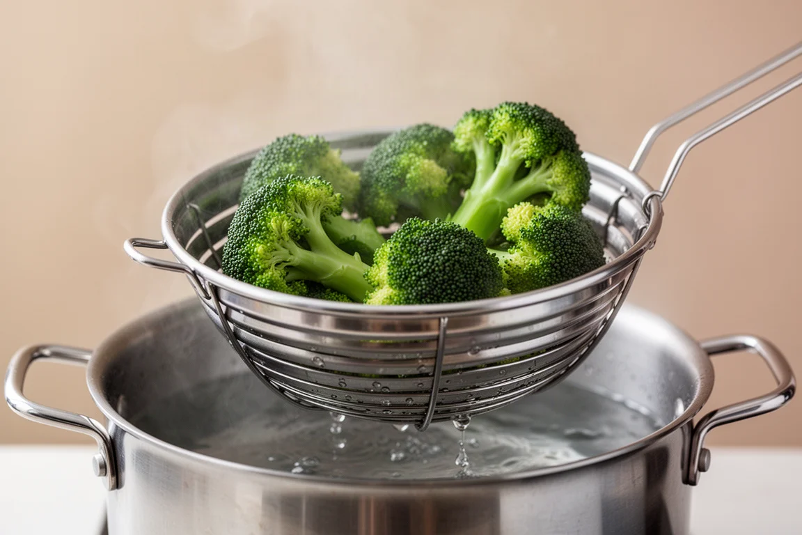 Un cesto vaporizador plegable levantando brócoli verde brillante de una olla