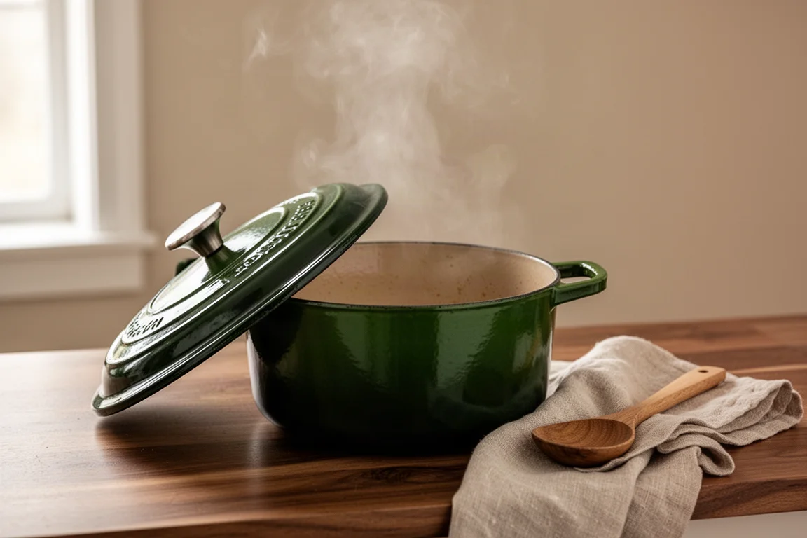 Un Dutch oven de hierro fundido esmaltado verde con la tapa entreabierta sobre una encimera
