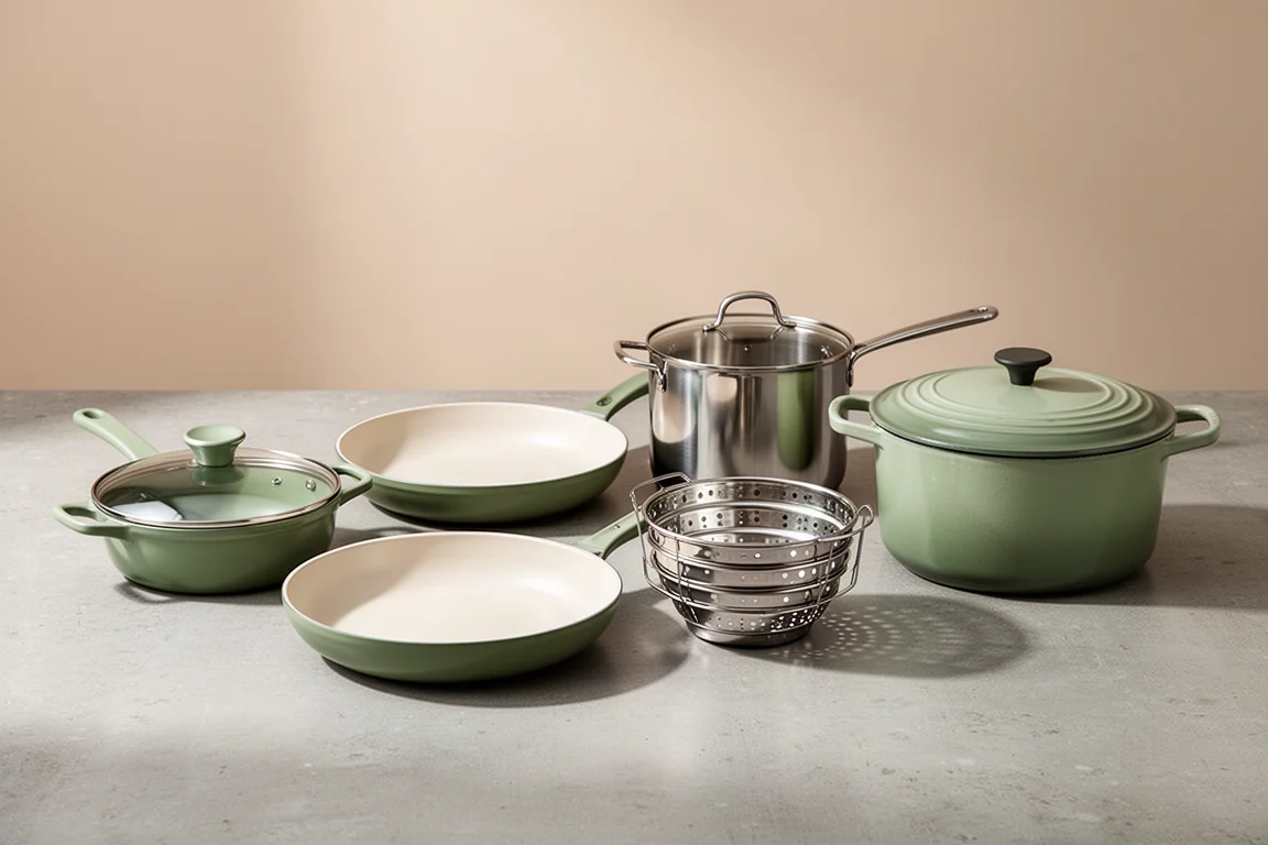 Una colección de cinco utensilios de cocina que incluye una sartén, un cazo, un cesto vaporizador y un Dutch oven