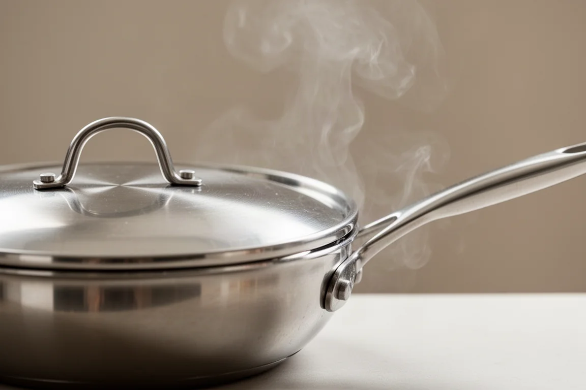 Vapore che fuoriesce da sotto il coperchio di una padella verso il manico