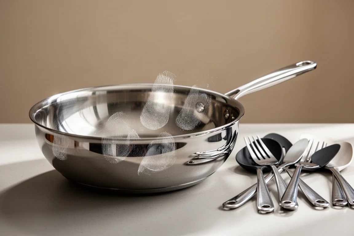 Padella lucida coperta di impronte digitali e aloni sul piano di cucina