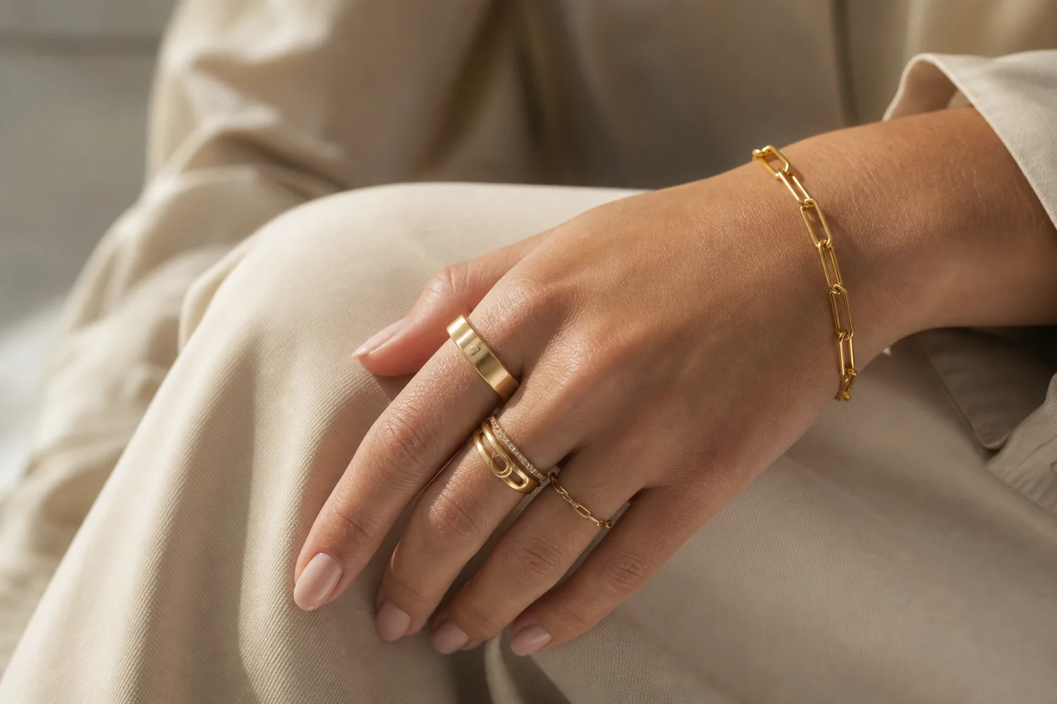 Gold Oura Ring 5 worn alongside other gold rings on a hand