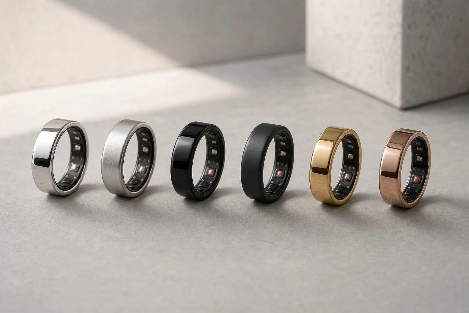 Six Oura Ring 5 smart rings in different finishes arranged on a concrete surface