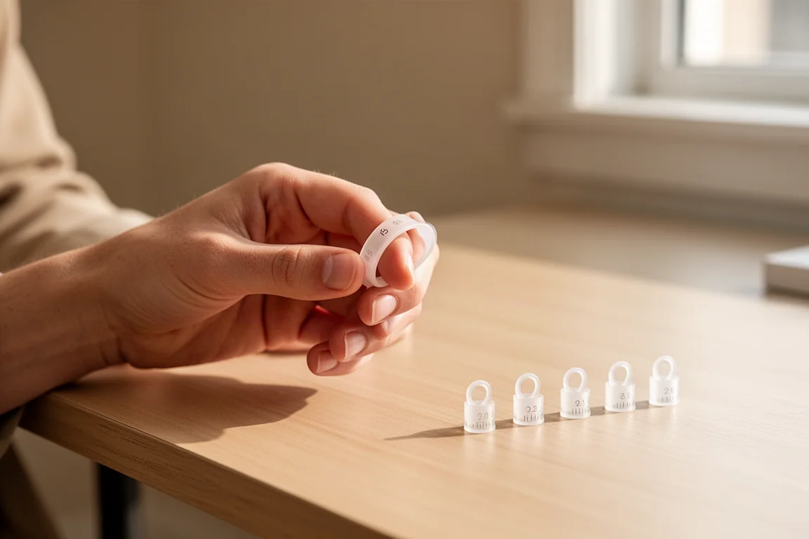 Een persoon doet thuis een plastic ringmaatband om een vinger