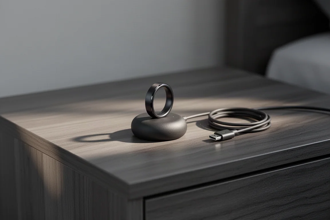 Slimme ring rustend op een compact oplaaddock naast een USB-C-kabel