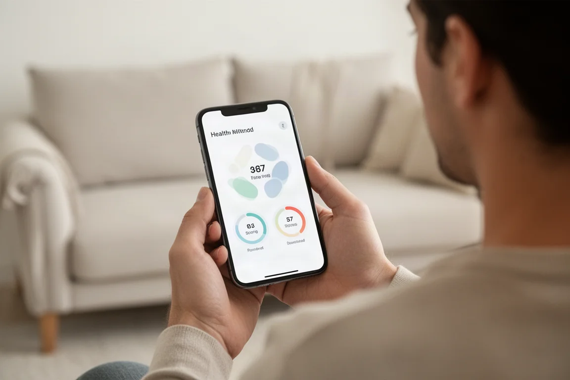 Persoon controleert dagelijkse gezondheidsscores in een smartphone-app in een lichte ruimte