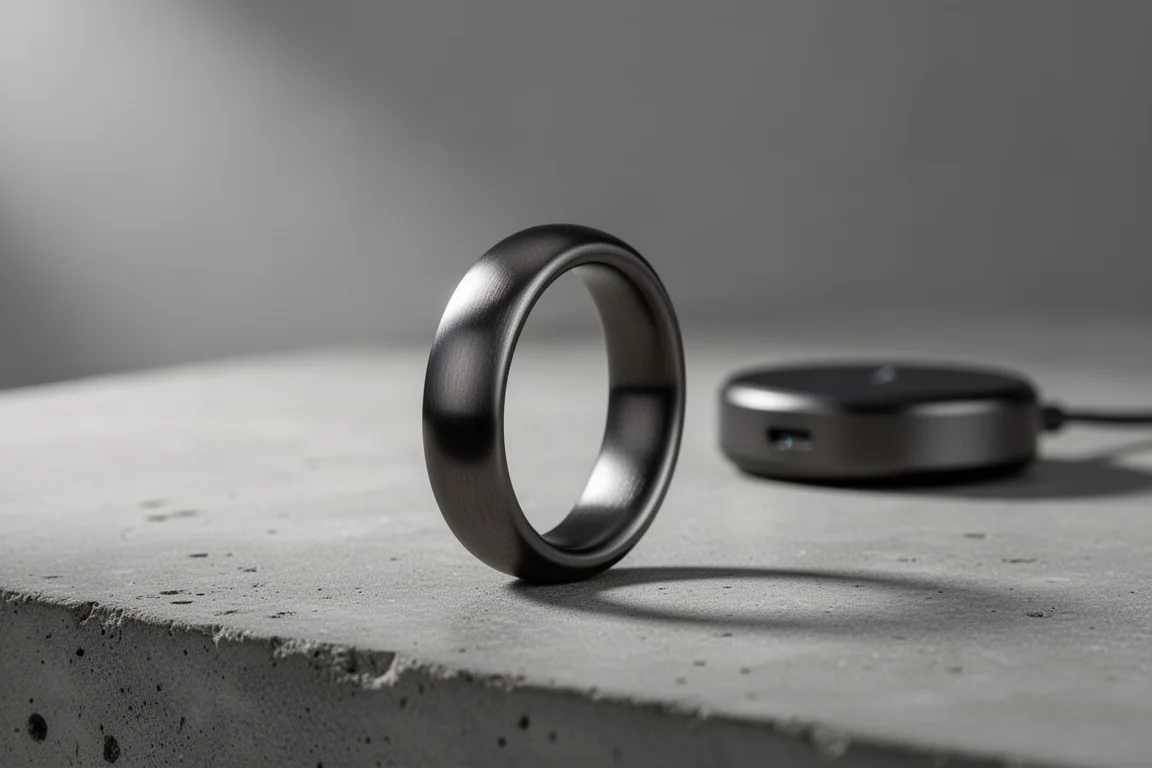 Anello smart sottile scuro in piedi su una superficie di cemento con una base di ricarica dietro