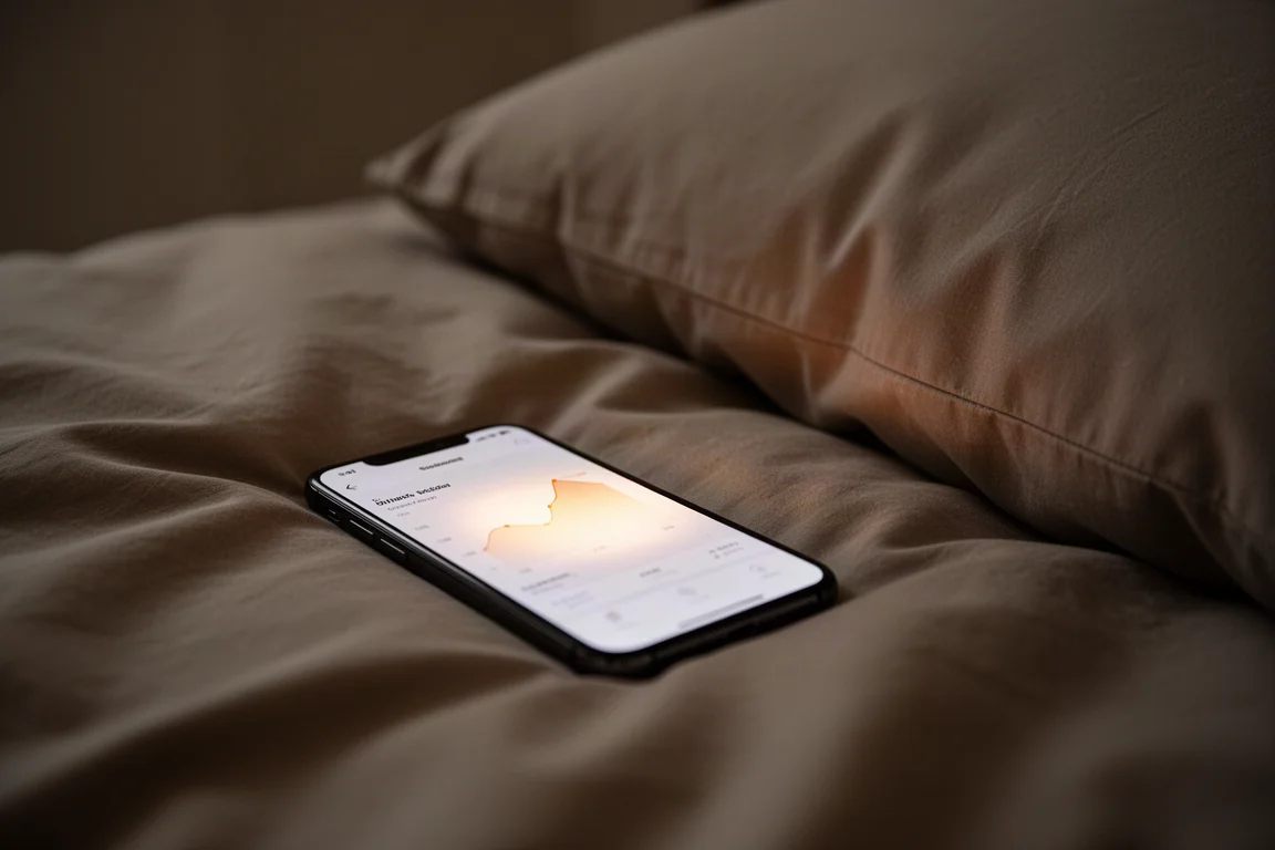 Persona revisando una gráfica de seguimiento del sueño en un smartphone con luz tenue de la mañana