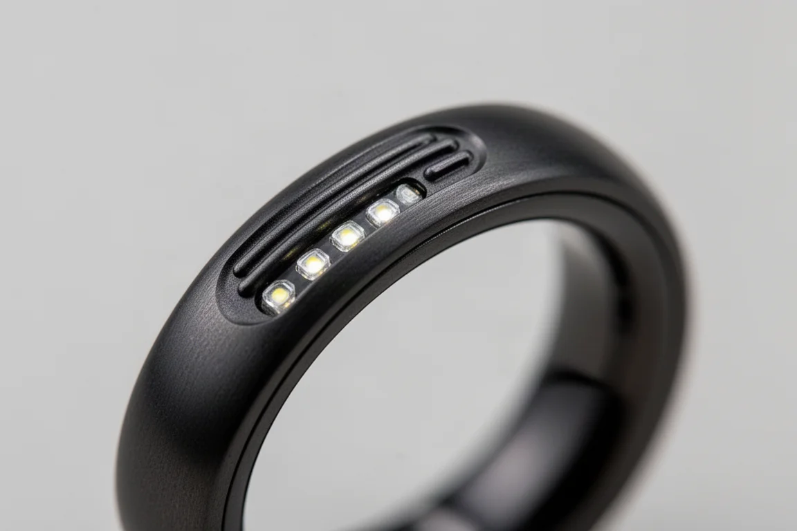 Primer plano de la cresta de sensores interior de un anillo inteligente con LEDs y sensores de temperatura