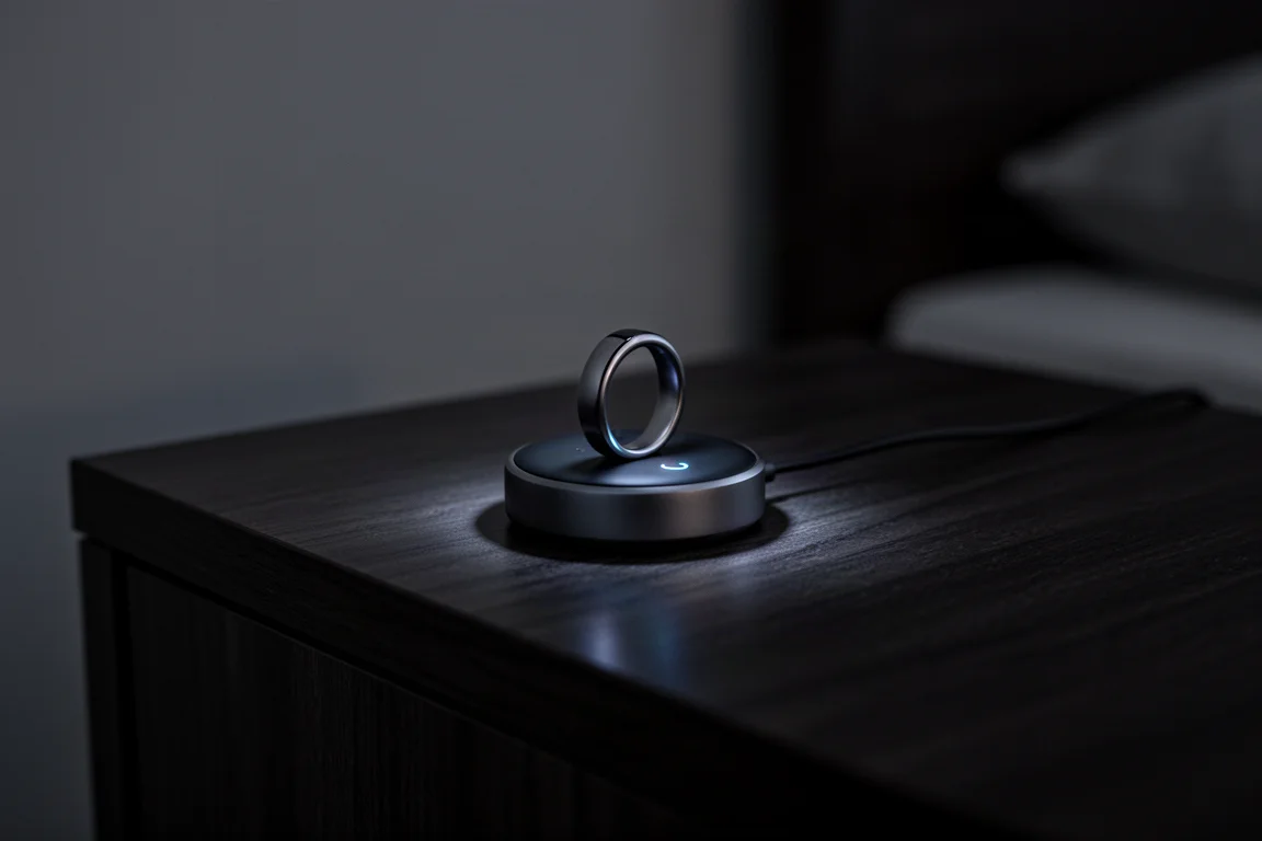 Anillo inteligente reposando sobre su base de carga en una mesita de noche de noche