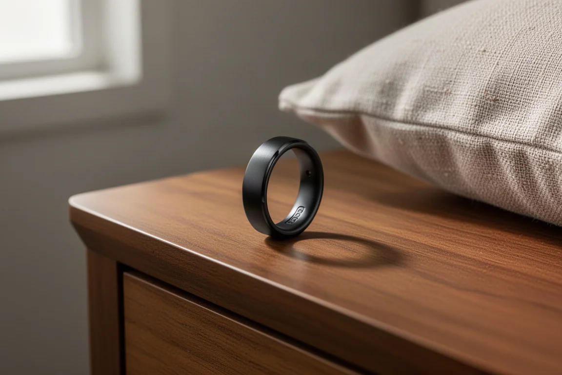 Matte black smart ring resting on a wooden bedside table in soft morning light