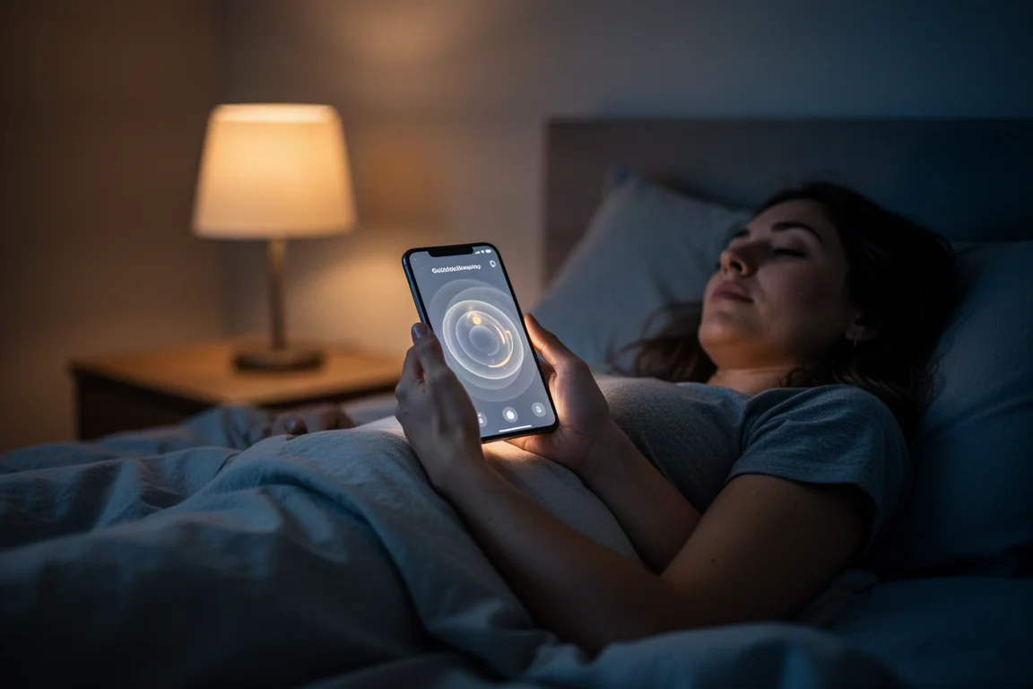 一個人晚上在床上放鬆,手機顯示睡眠療程畫面