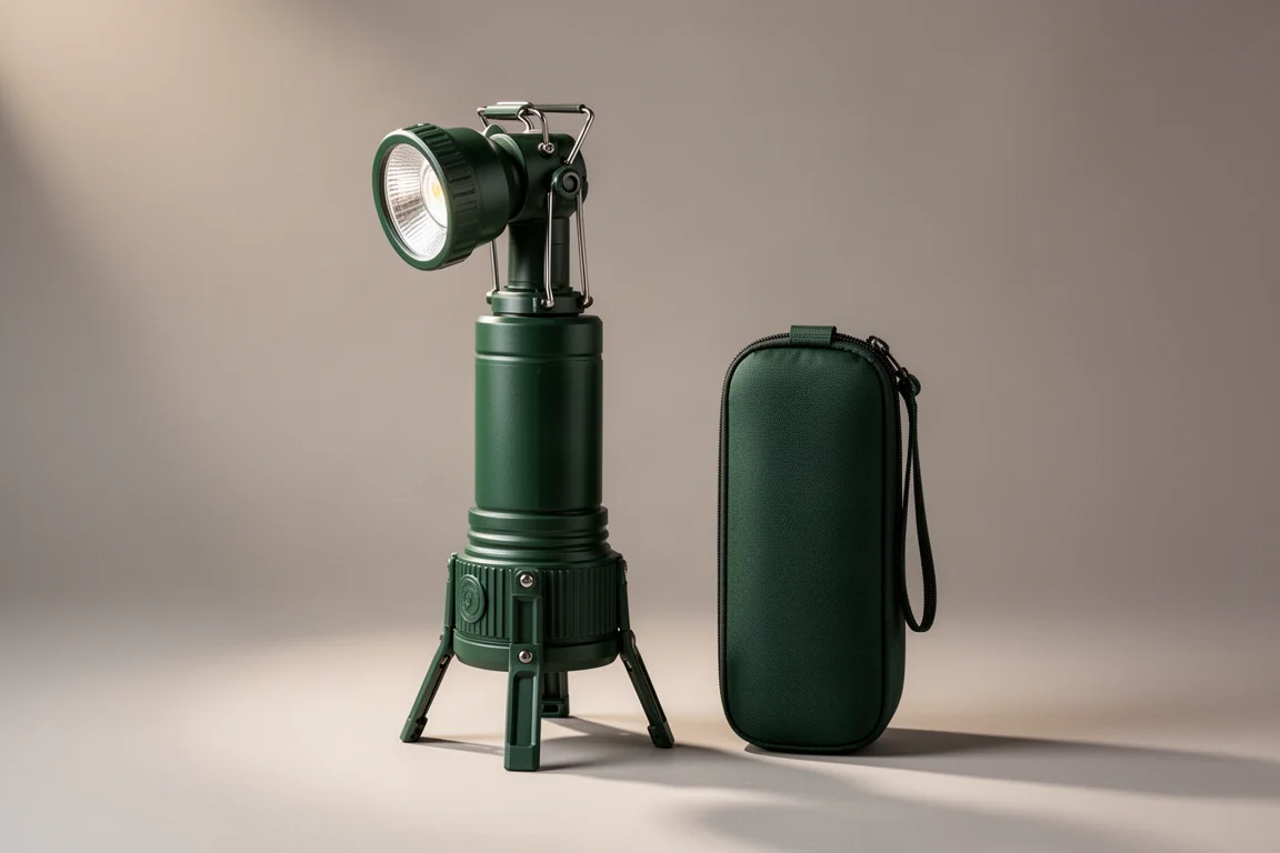 Mörkgrön teleskopisk campinglampa som står bredvid sin transportväska på en grå bakgrund