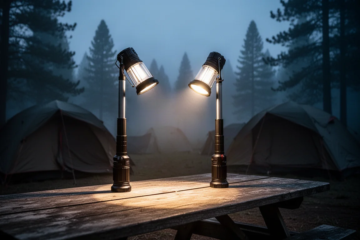 Teleskop-Laterne steht in der Dämmerung neben einer gefalteten Karte auf einem Campingtisch