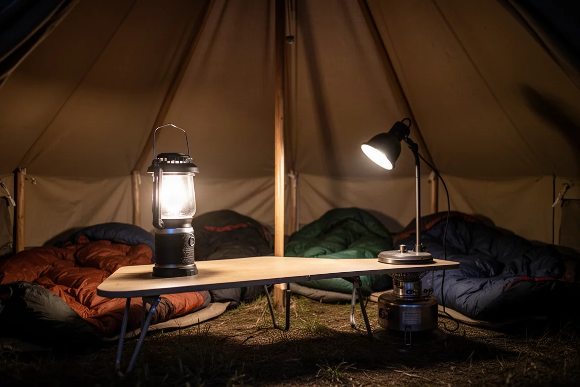 Nahaufnahme eines warm leuchtenden Laternenkopfes über einem dunklen Campingplatz