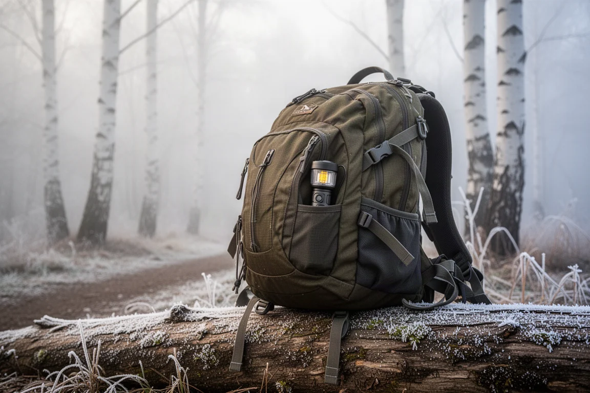 Nächtliche Outdoor-Camping-Szene, beleuchtet von einer einzelnen stehenden Laterne