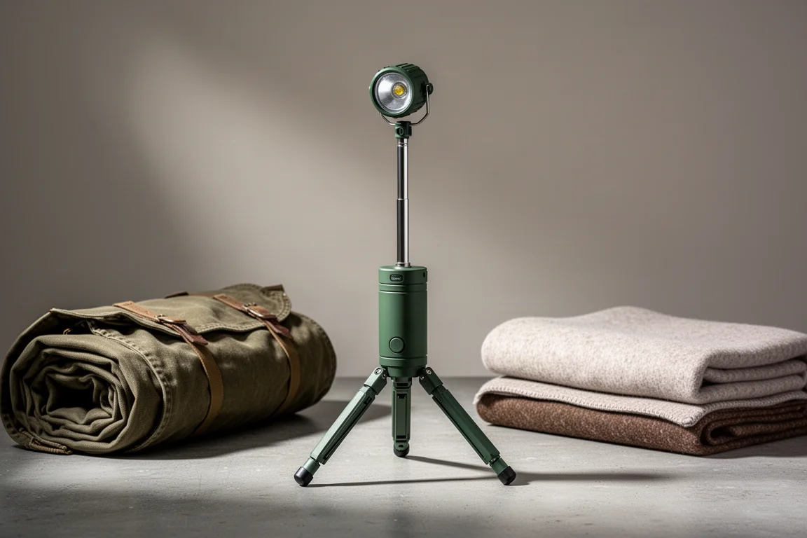 Telescopic outdoor lantern with folding legs on a concrete surface beside a rolled camp blanket