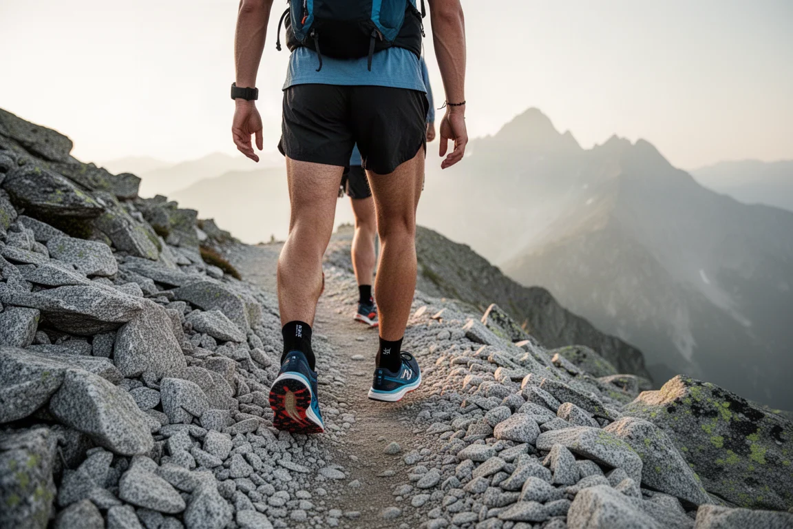 Backpacker walking a rocky alpine ridge trail in low-cut trail running shoes