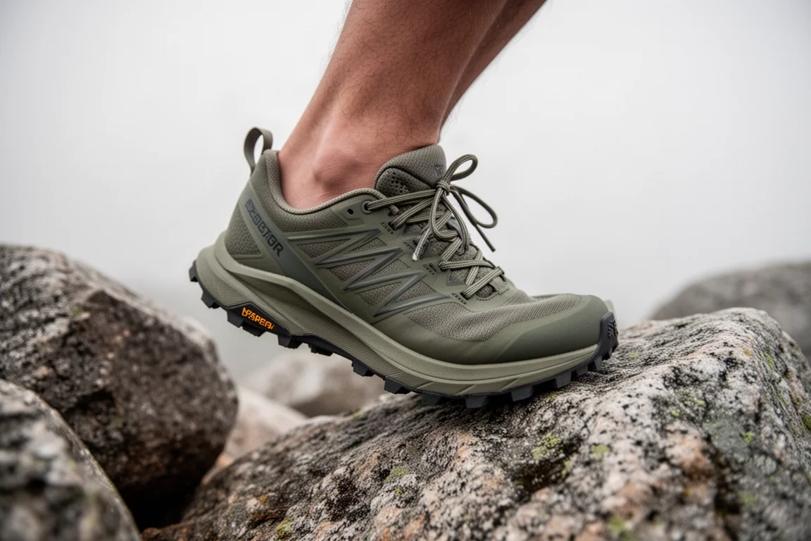 Low-cut trail running shoe planted on uneven granite with the ankle flexing