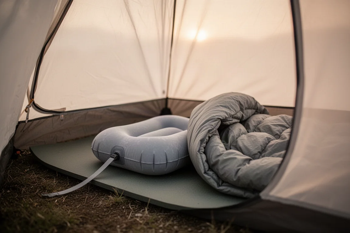 Inflatable camp pillow strapped to a sleeping pad inside a tent at dawn