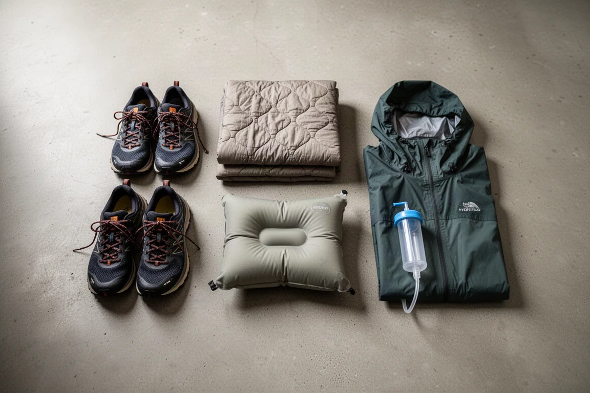 Backpacking gear laid out on a concrete floor while being sorted for a trip