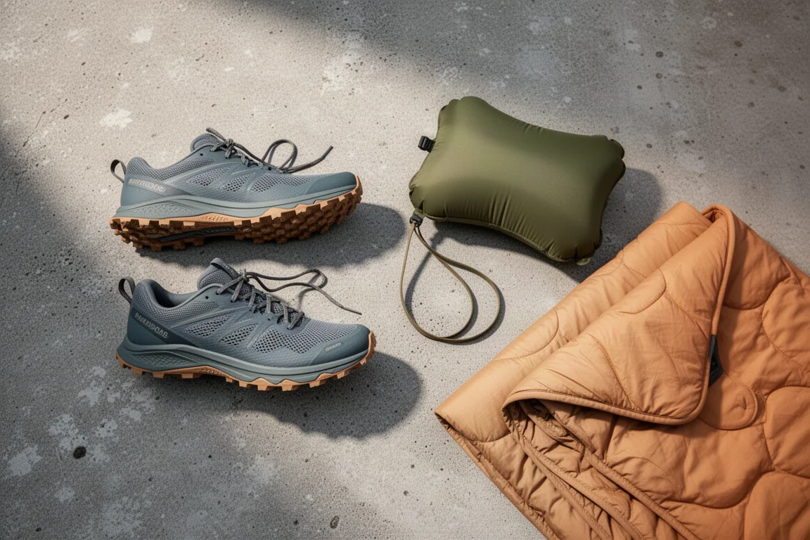 Trail running shoes, inflatable camp pillow, and folded quilt arranged on concrete
