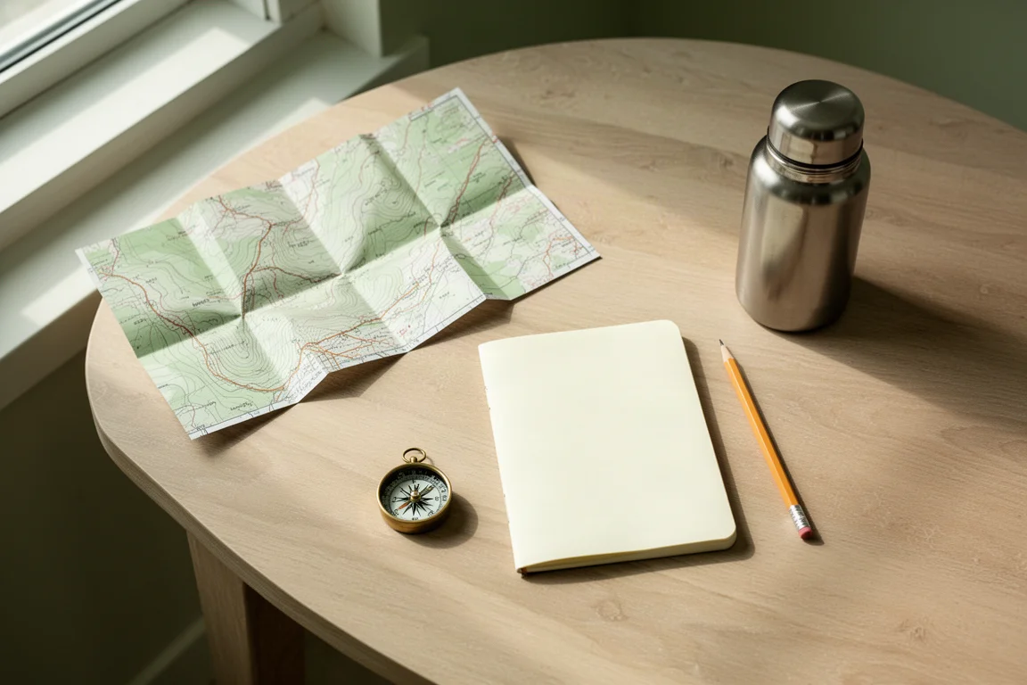 Flat lay of a map, compass, notebook and flask on a pale oak table