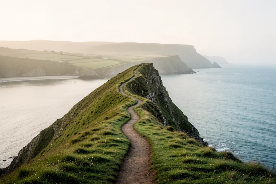 Narrow cliffside walking path above a calm bay in late afternoon light