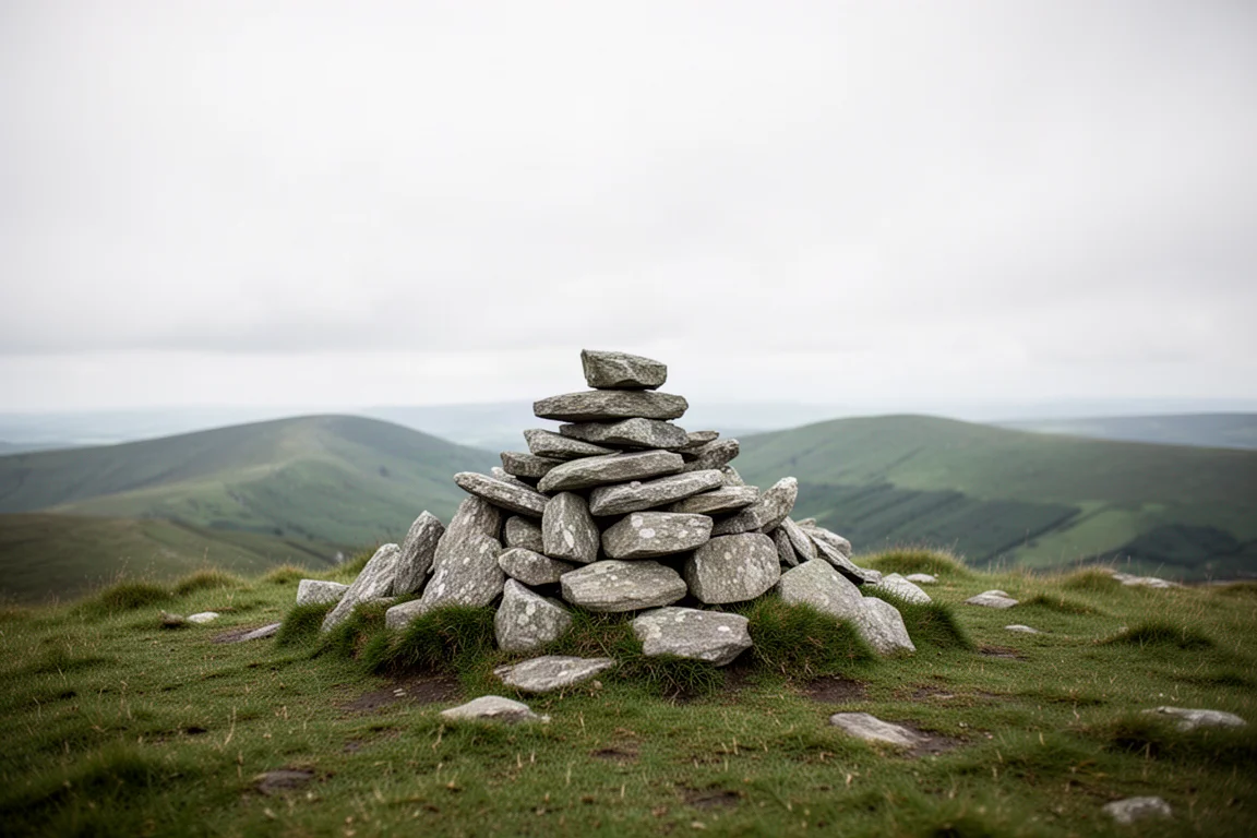 Grassy hilltop with a low cairn of stacked grey stones under an overcast sky