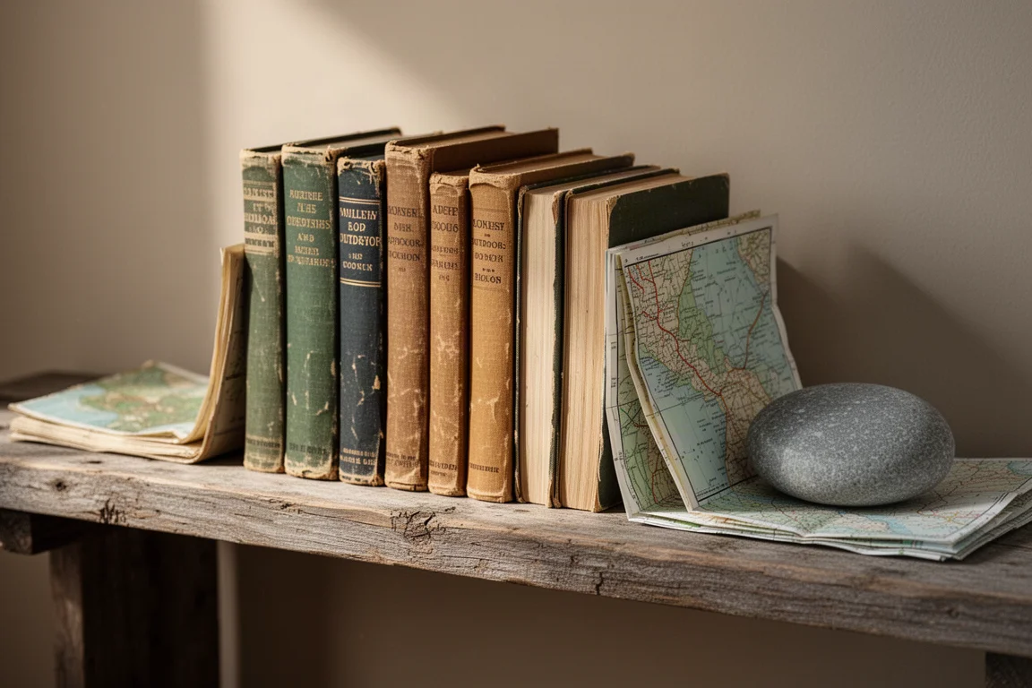 Weathered wooden shelf holding a row of well-used outdoor books