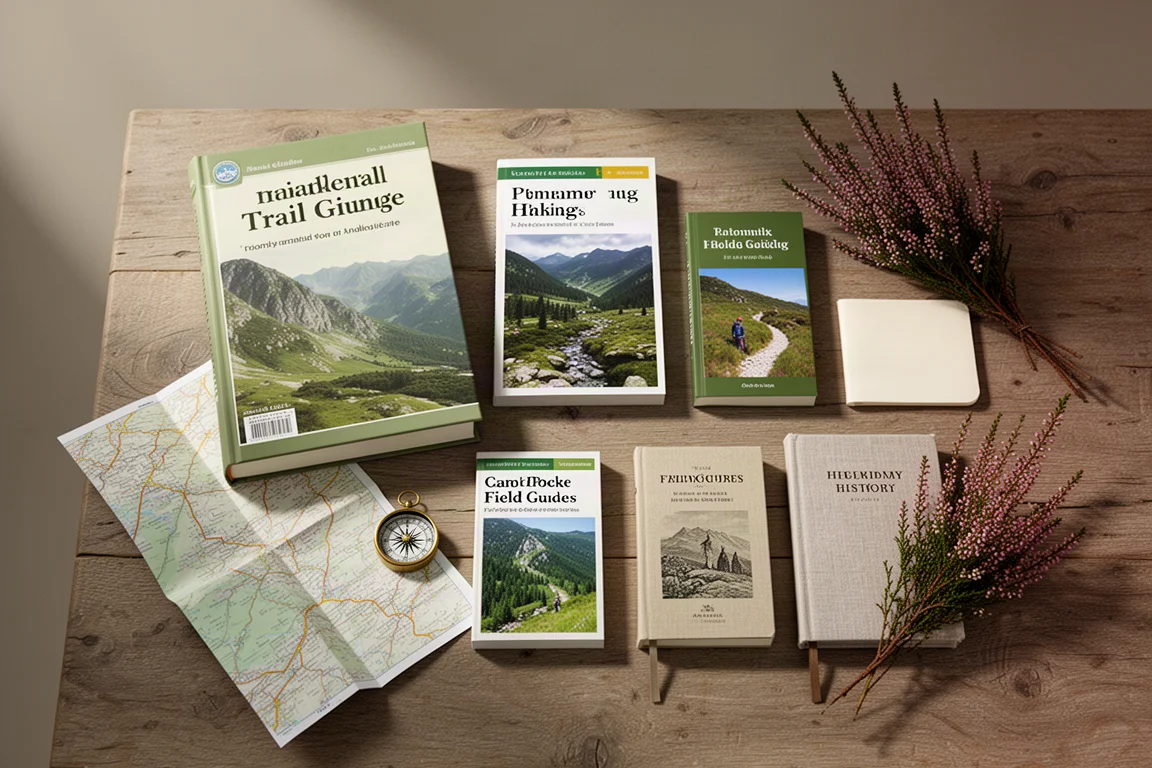 Flat lay of outdoor guide books, a folded map, compass and notebook on an oak table